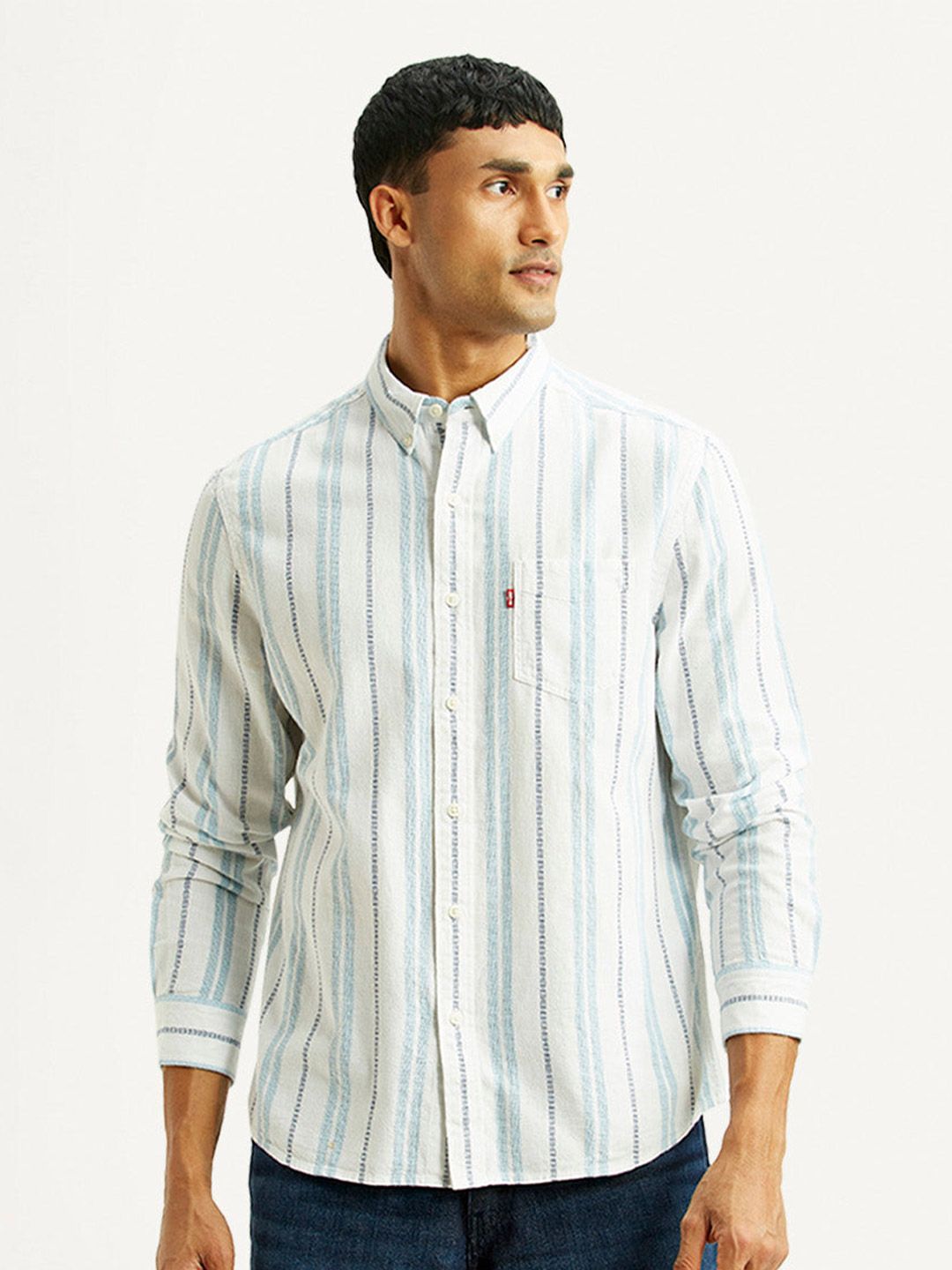 Men's Striped White Slim Fit Shirt deal from myntra