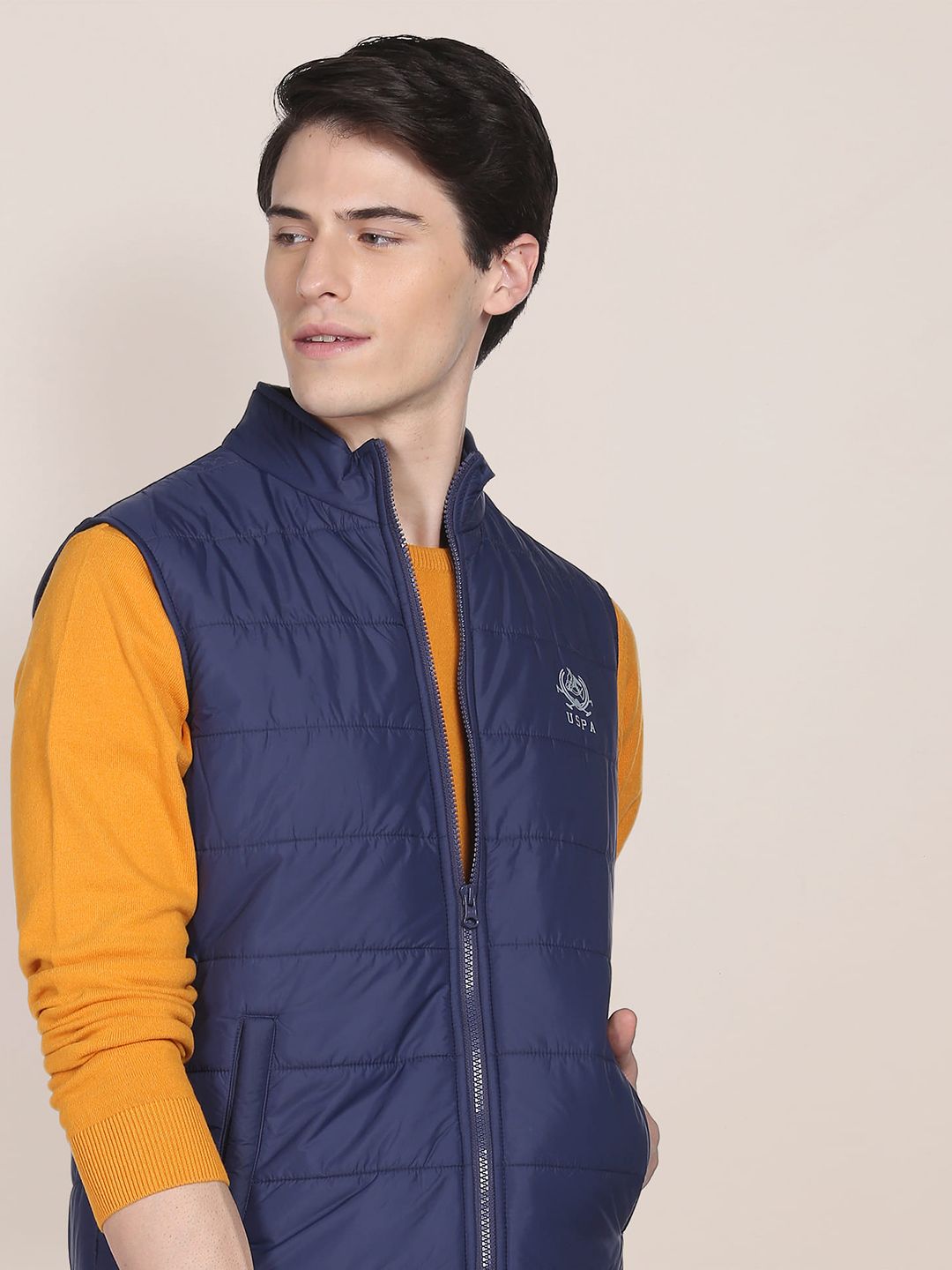 U.S. Polo Assn. U S Polo Assn Men Navy Blue Brand Logo Printed Sleeveless Padded Jacket