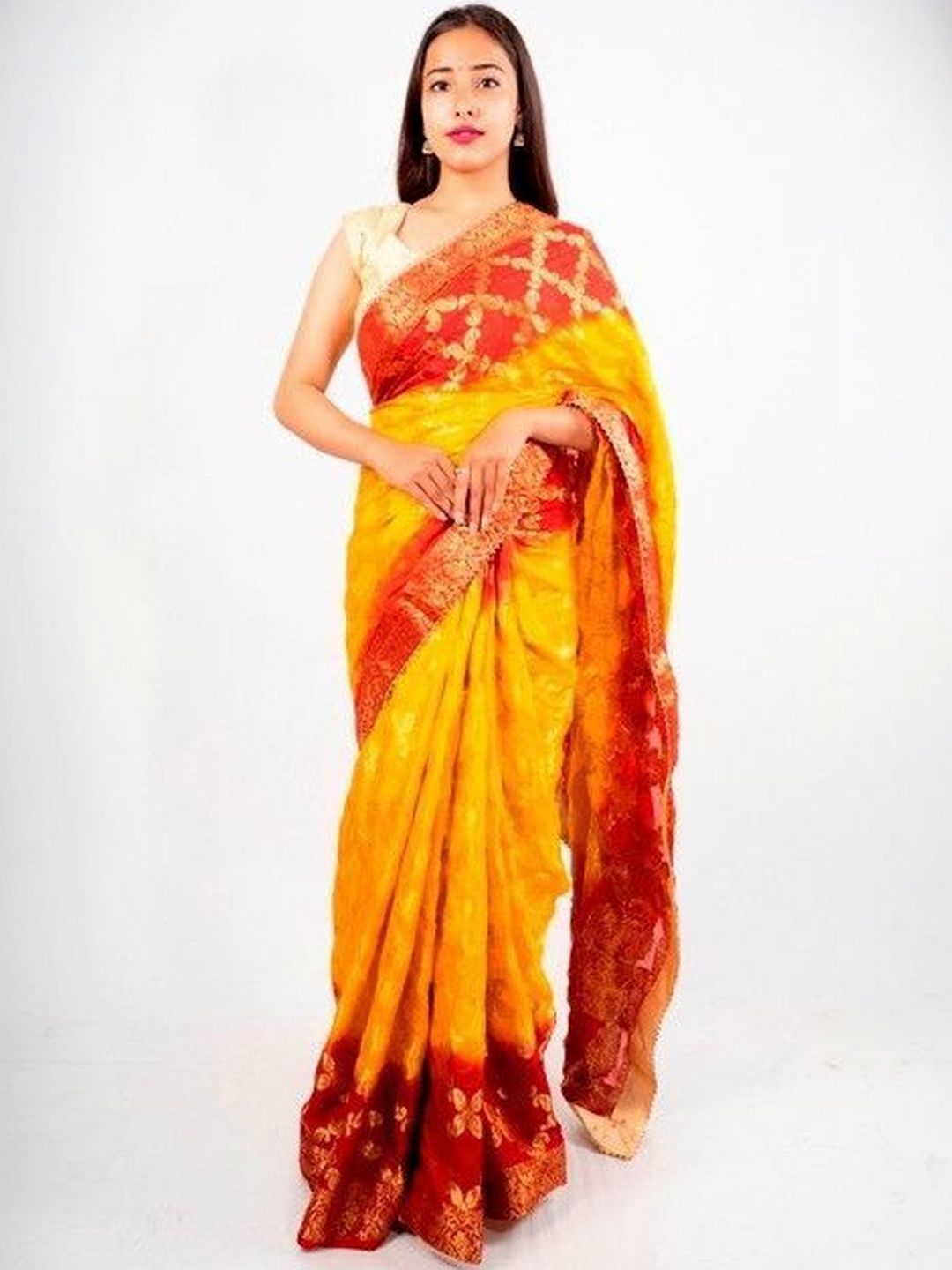 PANKHUDI FASHION Bandhani Zari Art Silk Banarasi Saree