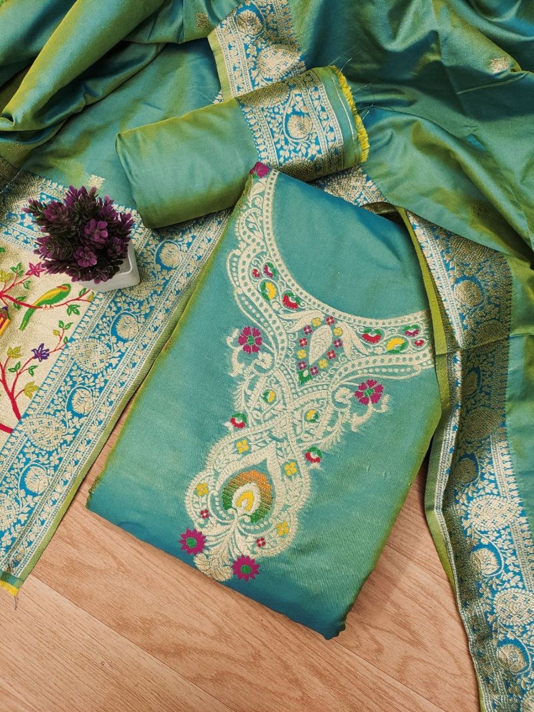 HERE&NOW Ethnic Motifs Woven Design Zari Pure Silk Unstitched Dress Material