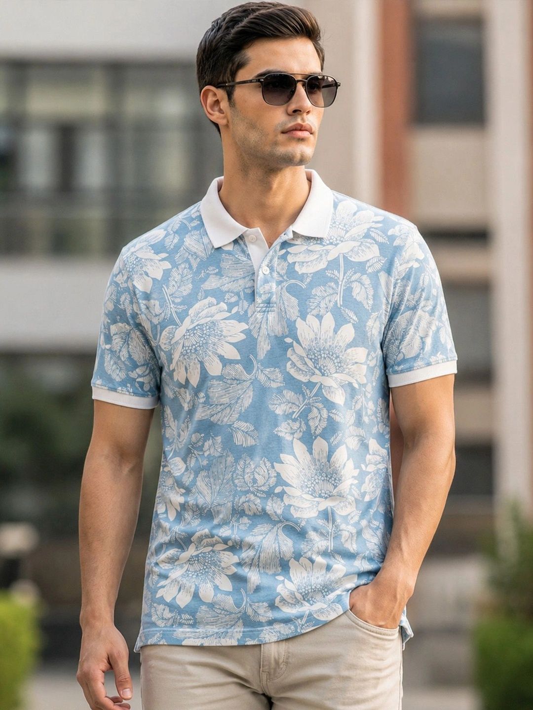 Utopium Men Floral Printed Polo Collar T-shirt