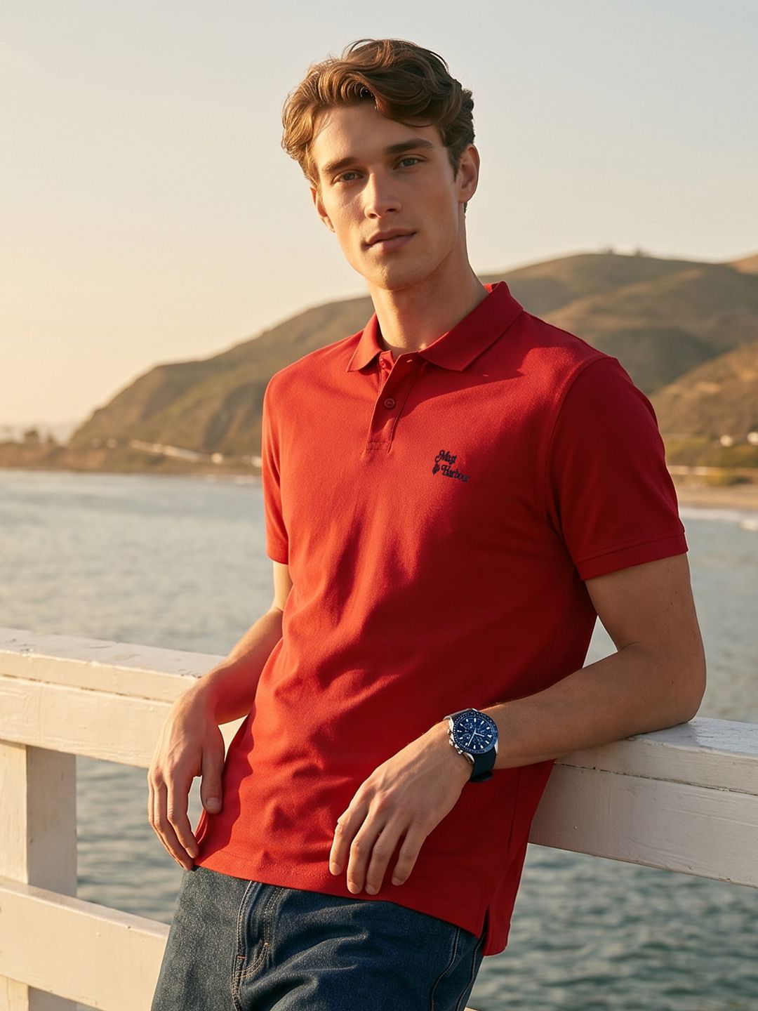 Mast & Harbour Brand Logo Polo Collar Pure Cotton T-shirt
