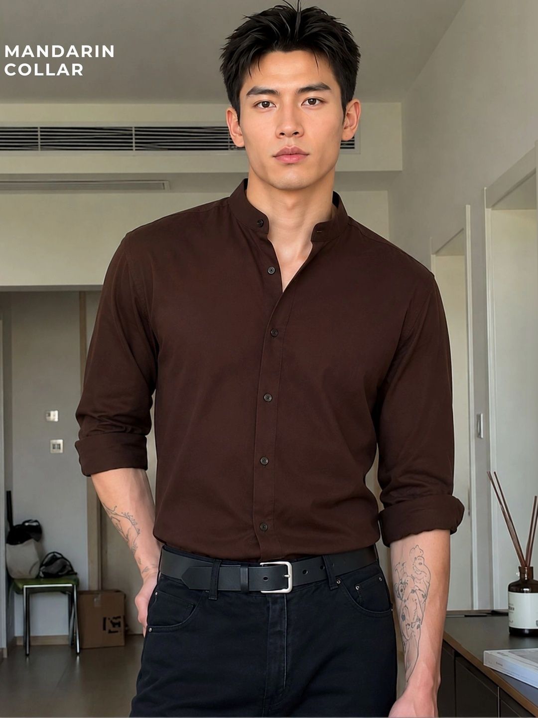 DENNISON Men Mandarin Collar Relaxed Fit Cotton Formal Shirt