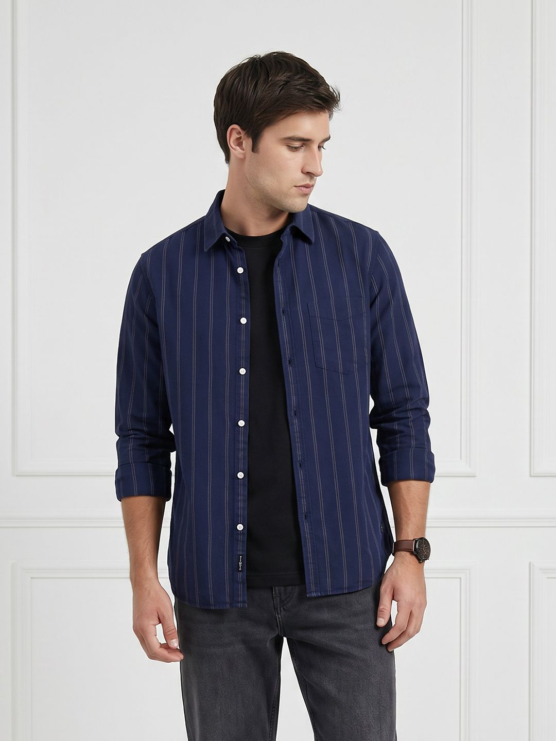 THE SHIRT CODE Striped Pure Cotton Casual Shirt