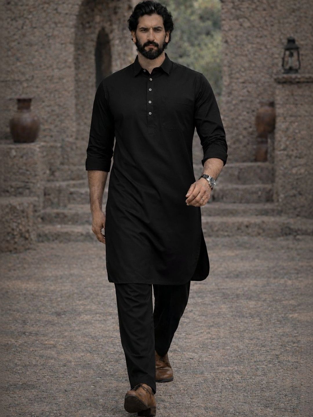 See Designs See Designs Men Black Cotton Pathani Kurta With Salwar