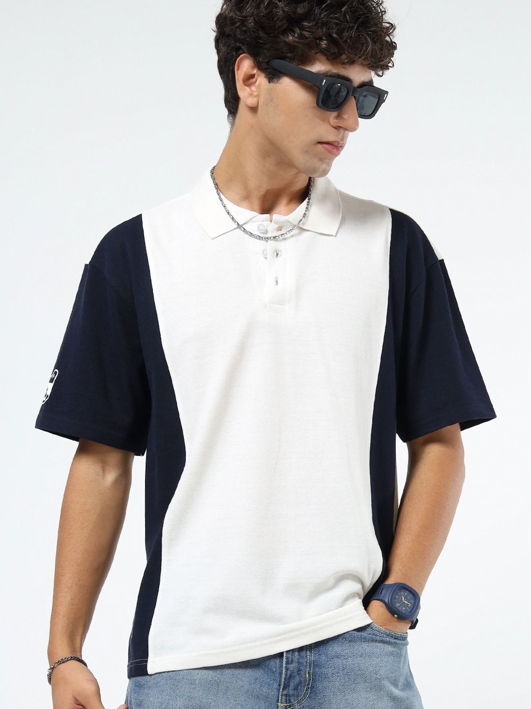 glitchez Men Colourblocked Polo Collar Relaxed Fit T-shirt