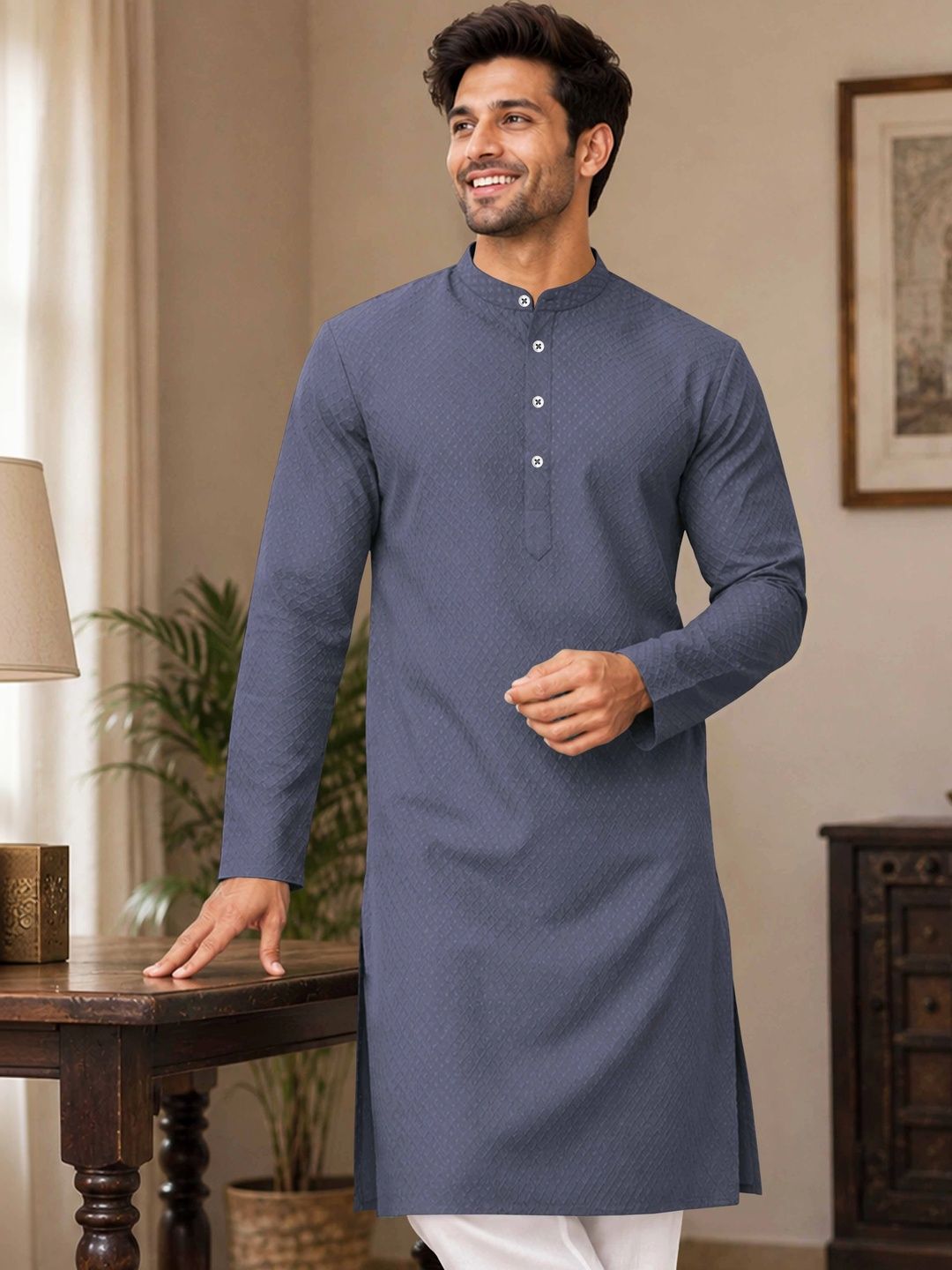 VeBNoR Men Thread Work Dobby Kurta
