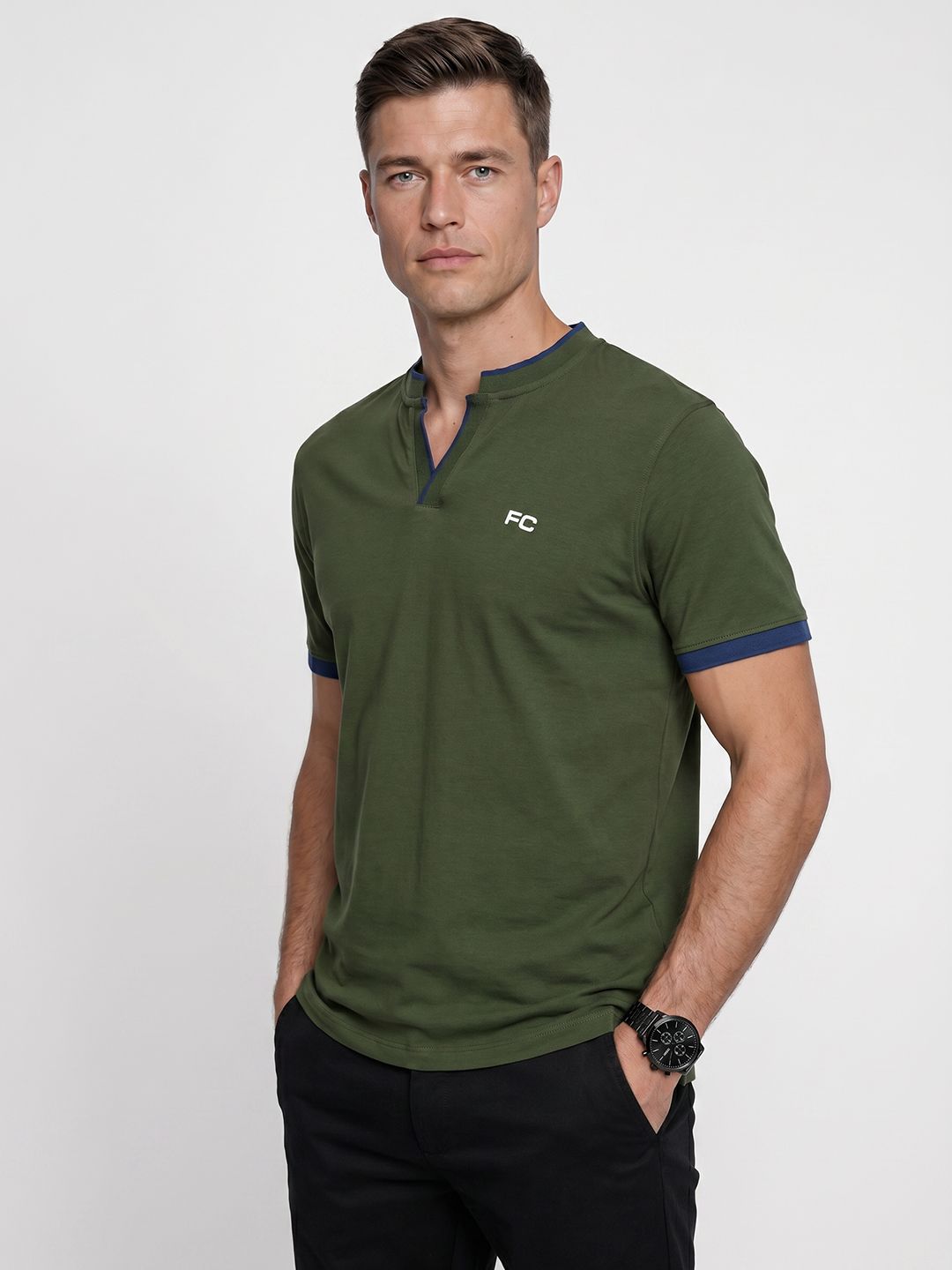 French Connection Brand Logo Henley Neck T-shirt