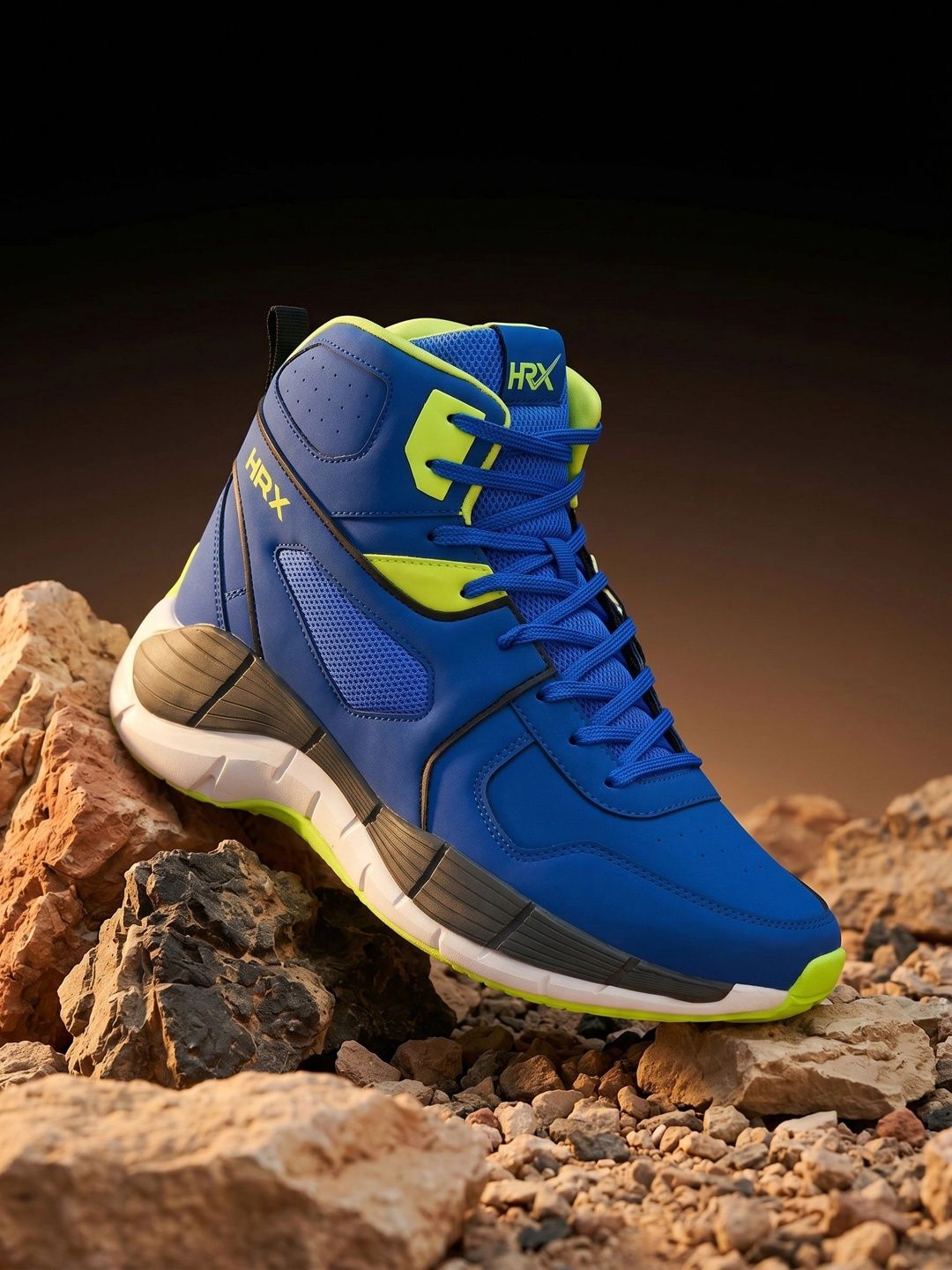 HRX by Hrithik Roshan Men Navy Blue & Lime Green Rebound Mid Top Perforations Sneakers