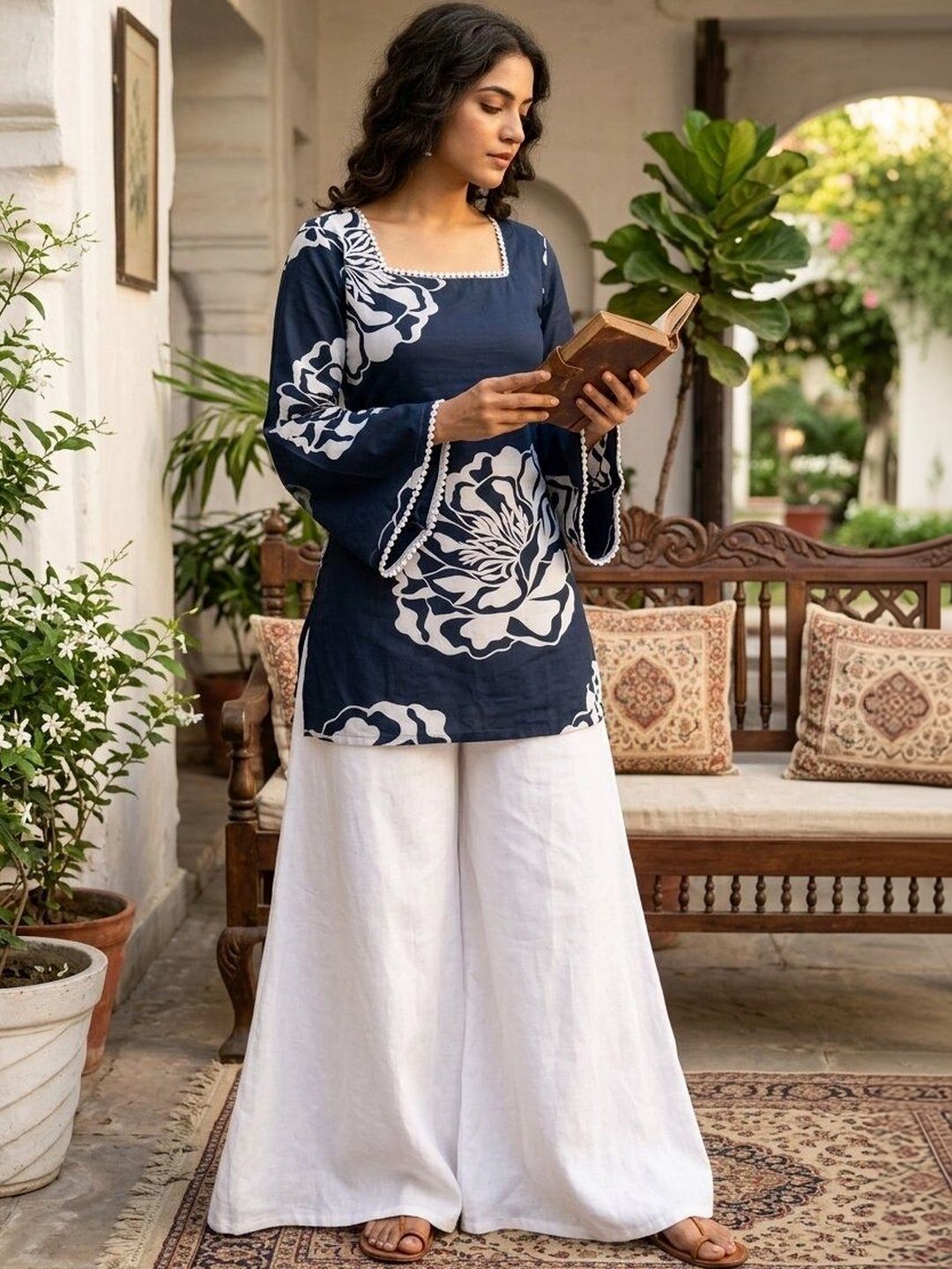 Anouk Rustic Anouk Rustic Floral Printed Square Neck Flared Sleeves Pure Cotton Kurti