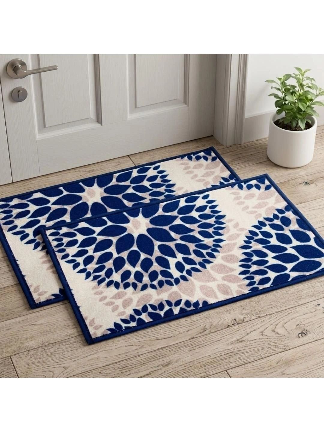 Athom Trendz Blue & White 2 Pieces Floral Printed Anti Slip Doormat 57x37cm