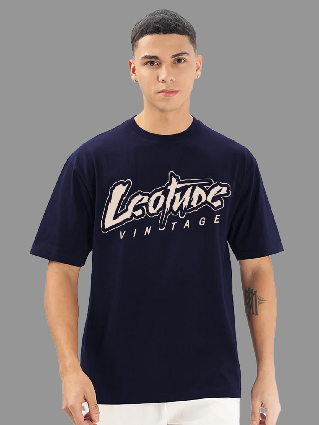 Leotude Men Typography Printed Round Neck Cotton Oversized T-shirt