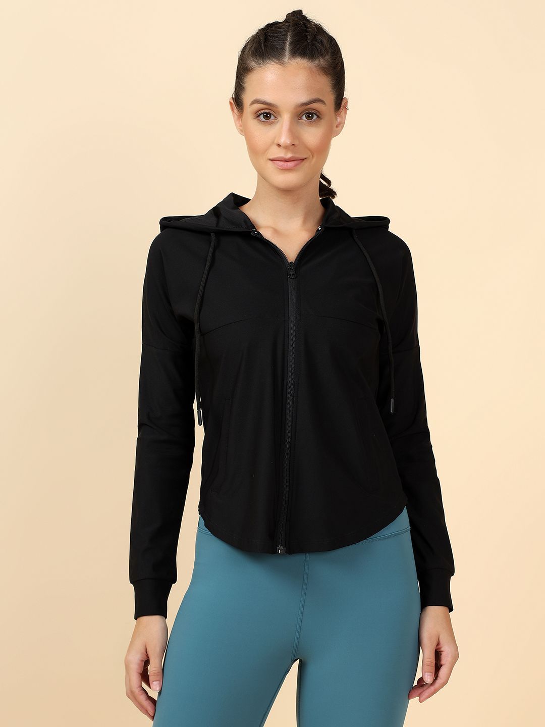 Fitkin Women Black Solid Lightweight Hooded Training Jacket