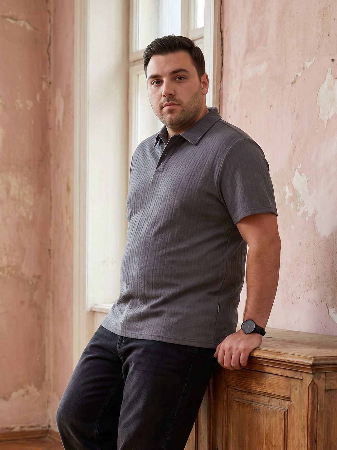 Sztori Plus Size Chevron Self Design Polo Collar T-shirt