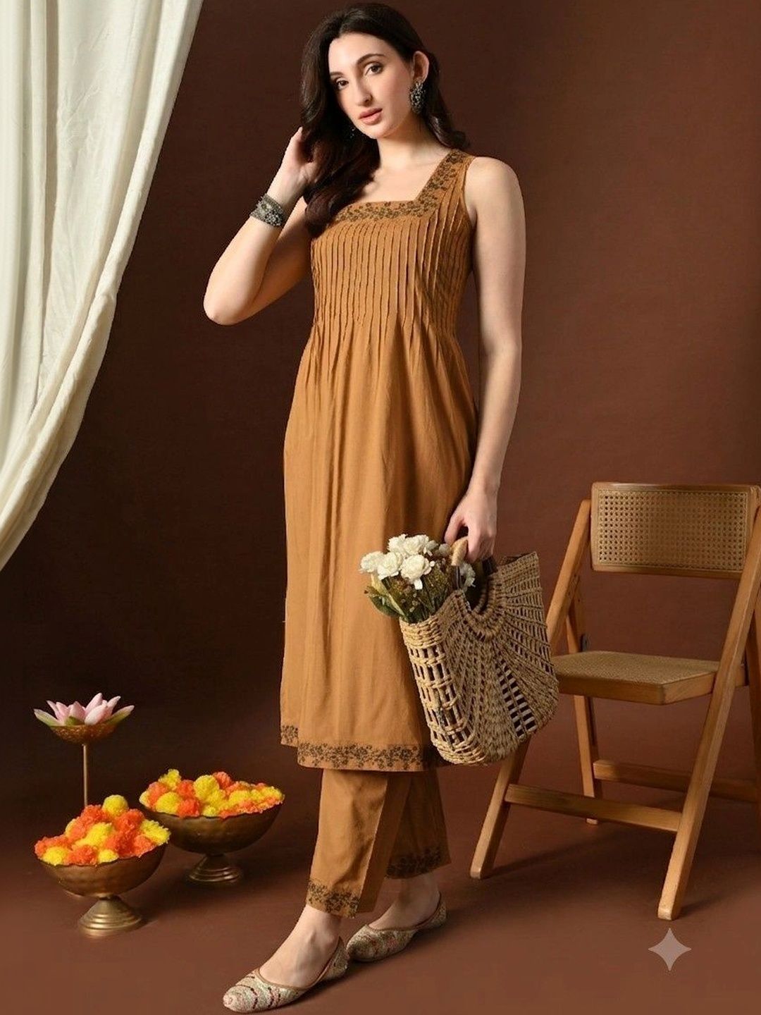 SANGOURI SANGOURI Women Ethnic Motifs Embroidered Pleated Thread Work Pure Cotton Kurta with Trousers
