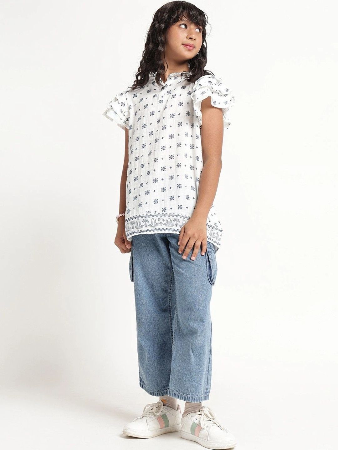 UNDER FOURTEEN ONLY Geometric Print Flutter Sleeve Ruffles Cotton Top