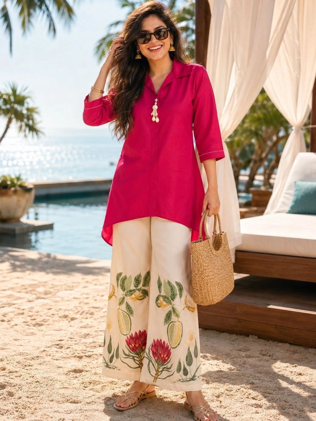 Berrylicious Tropical Cotton Solid Tunic with Palazzos