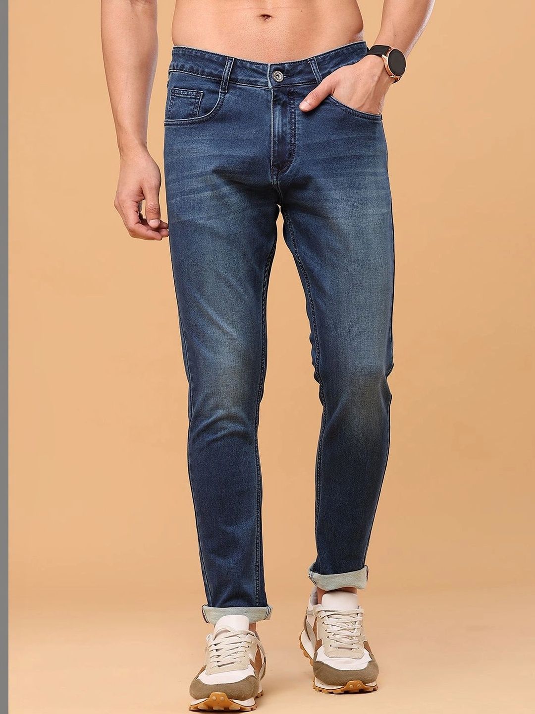V-Mart Men Regular Fit Mid-Rise Low Distress Cuffed Hem Jeans