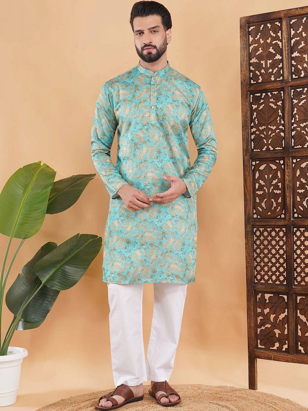 ADHIRAJAN Men Ethnic Motifs Printed Satin Blend Kurta