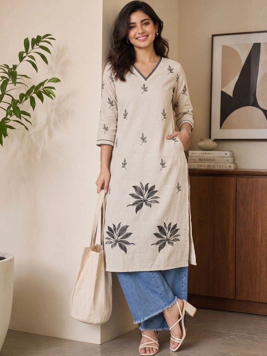 AXI COUTURE Botanical Printed V-Neck Pure Cotton Kurti