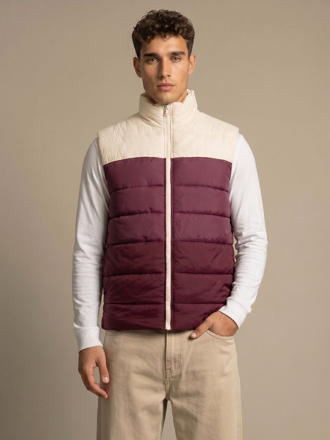 glitchez Stand Collar Colourblocked Relaxed Fit Gilet Jacket