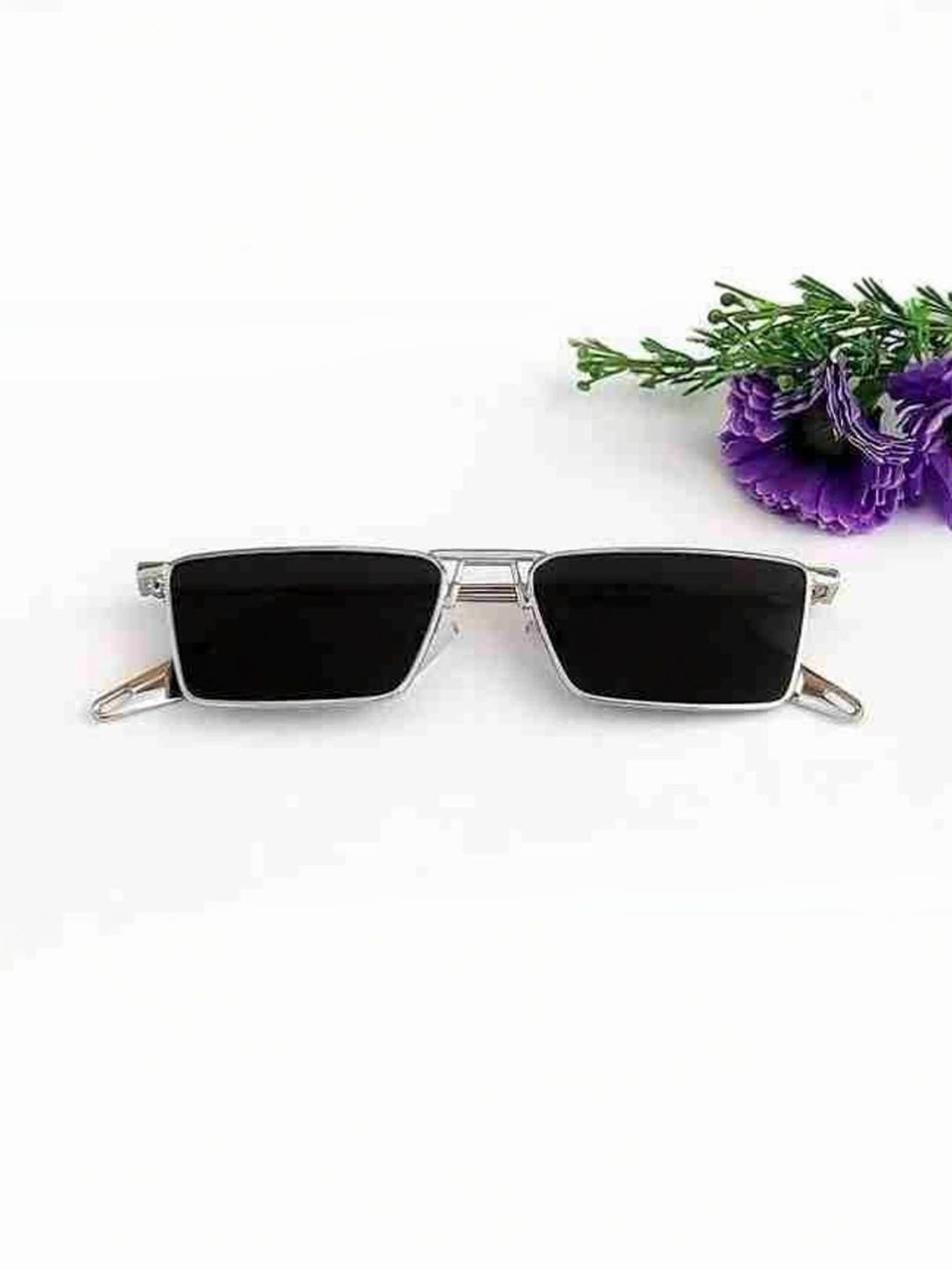 SPADEACES Unisex Black Lens & Silver-Toned Rectangle Sunglasses with