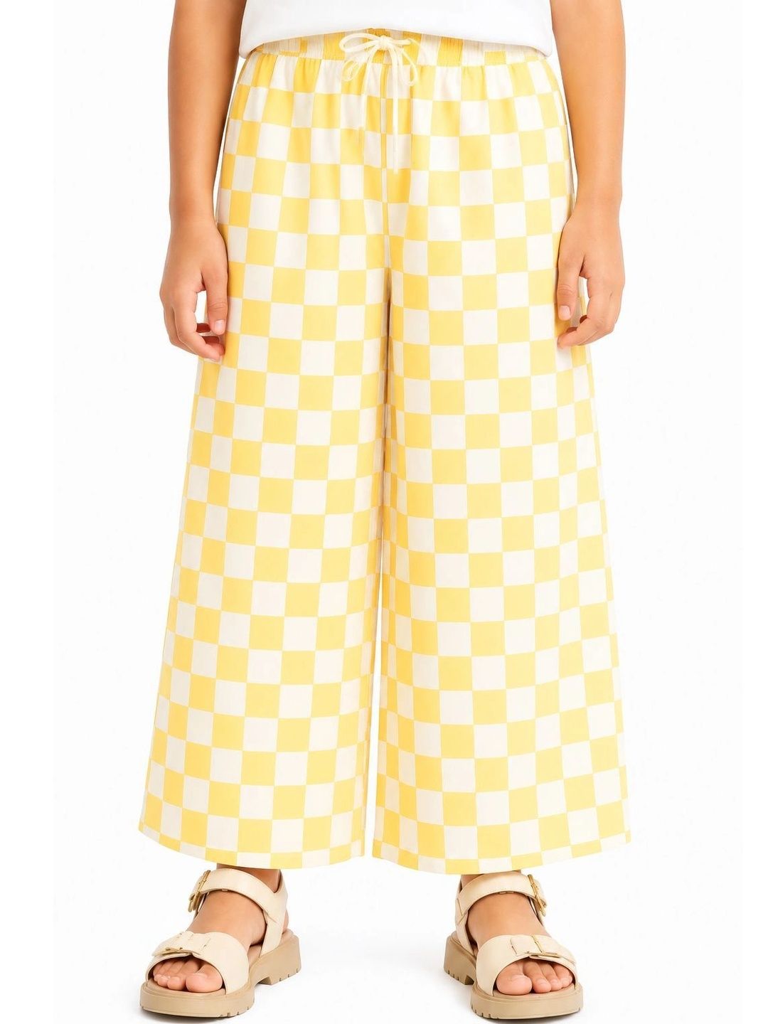 CHILINS Girls Yellow & White Checkered Wide Leg Palazzo Pants