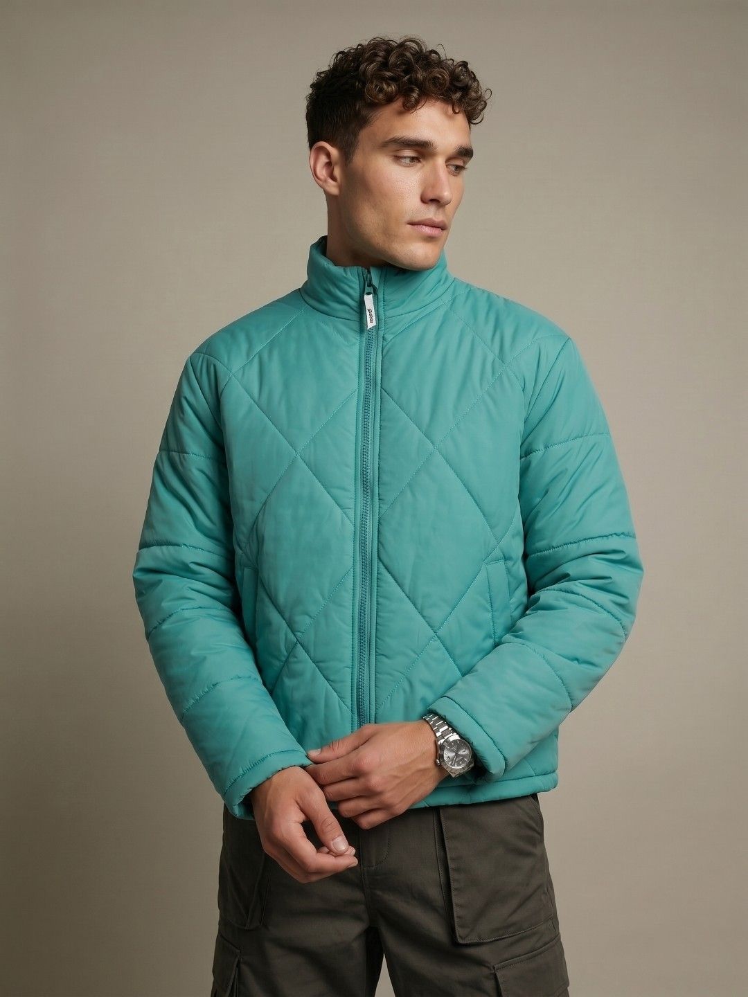 glitchez Stand Collar Relaxed Fit Quilted Jacket