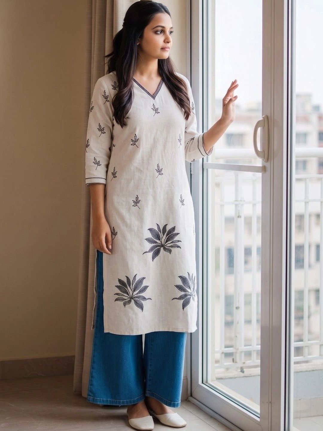 AXI COUTURE Botanical Printed V-Neck Pure Cotton Kurti