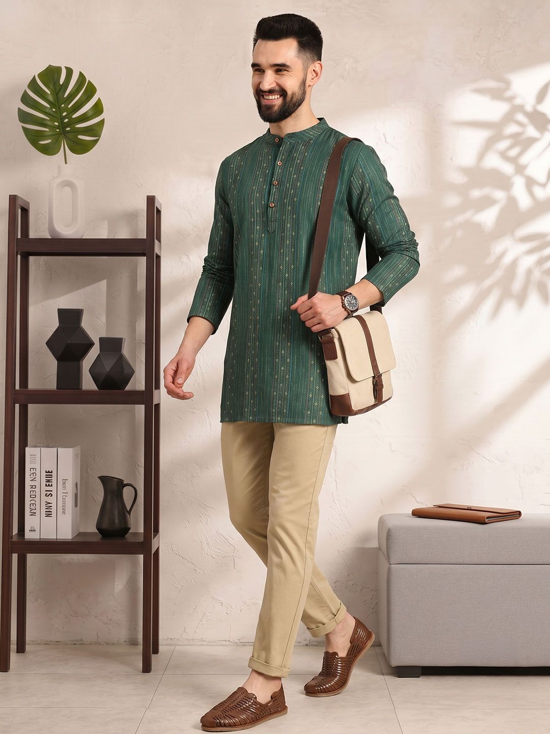Anouk Anouk Men Green & Gold-Toned Striped Thread Work Straight Short Kurta