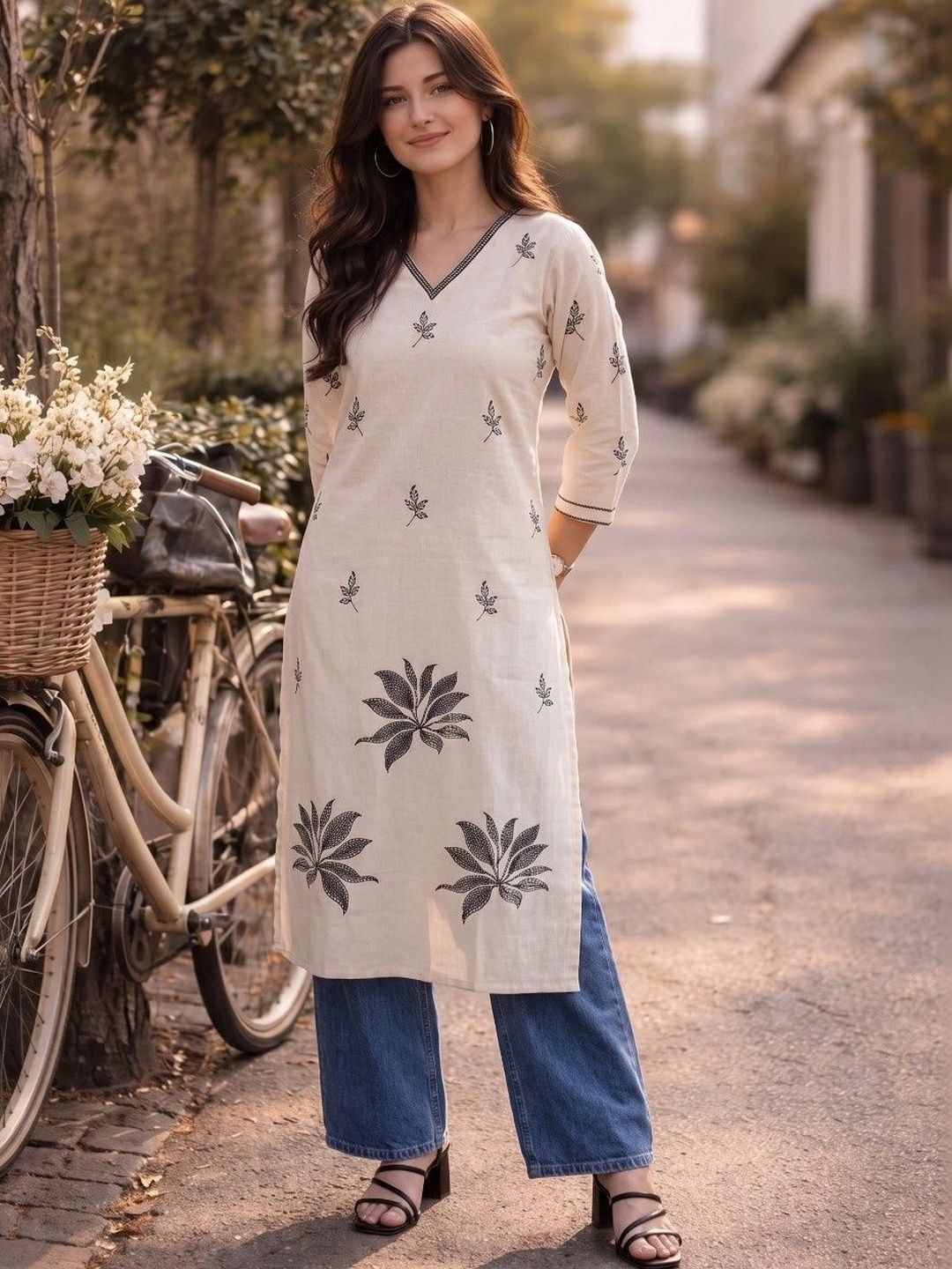 AXI COUTURE Botanical Printed V-Neck Pure Cotton Kurti
