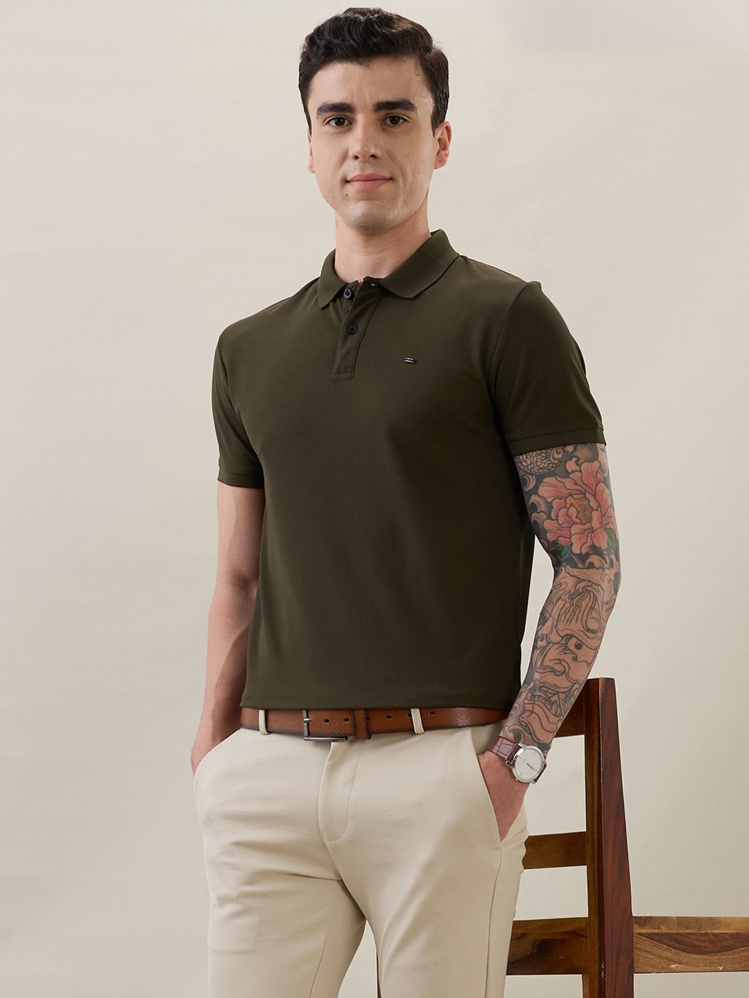 Nostrum Cherry Half Sleeve Olive Plain Polo T-shirt