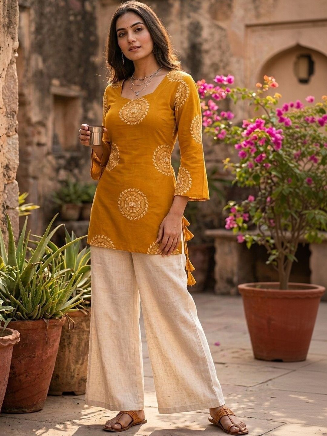 Anouk Rustic Ethnic Motifs Printed Square Neck Pure Cotton Kurti
