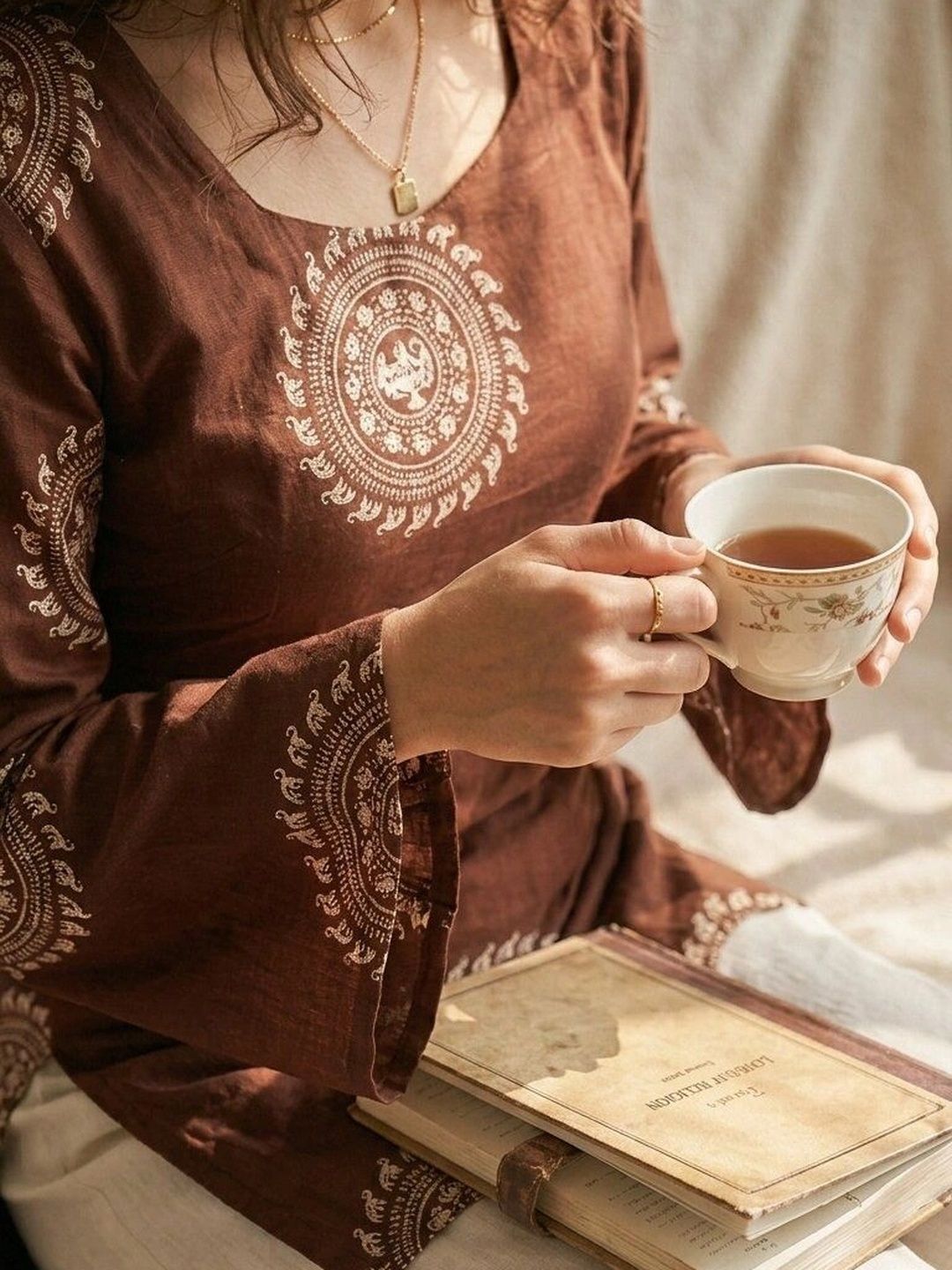 Anouk Rustic Ethnic Motifs Printed Square Neck Flared Sleeves Pure Cotton Kurti