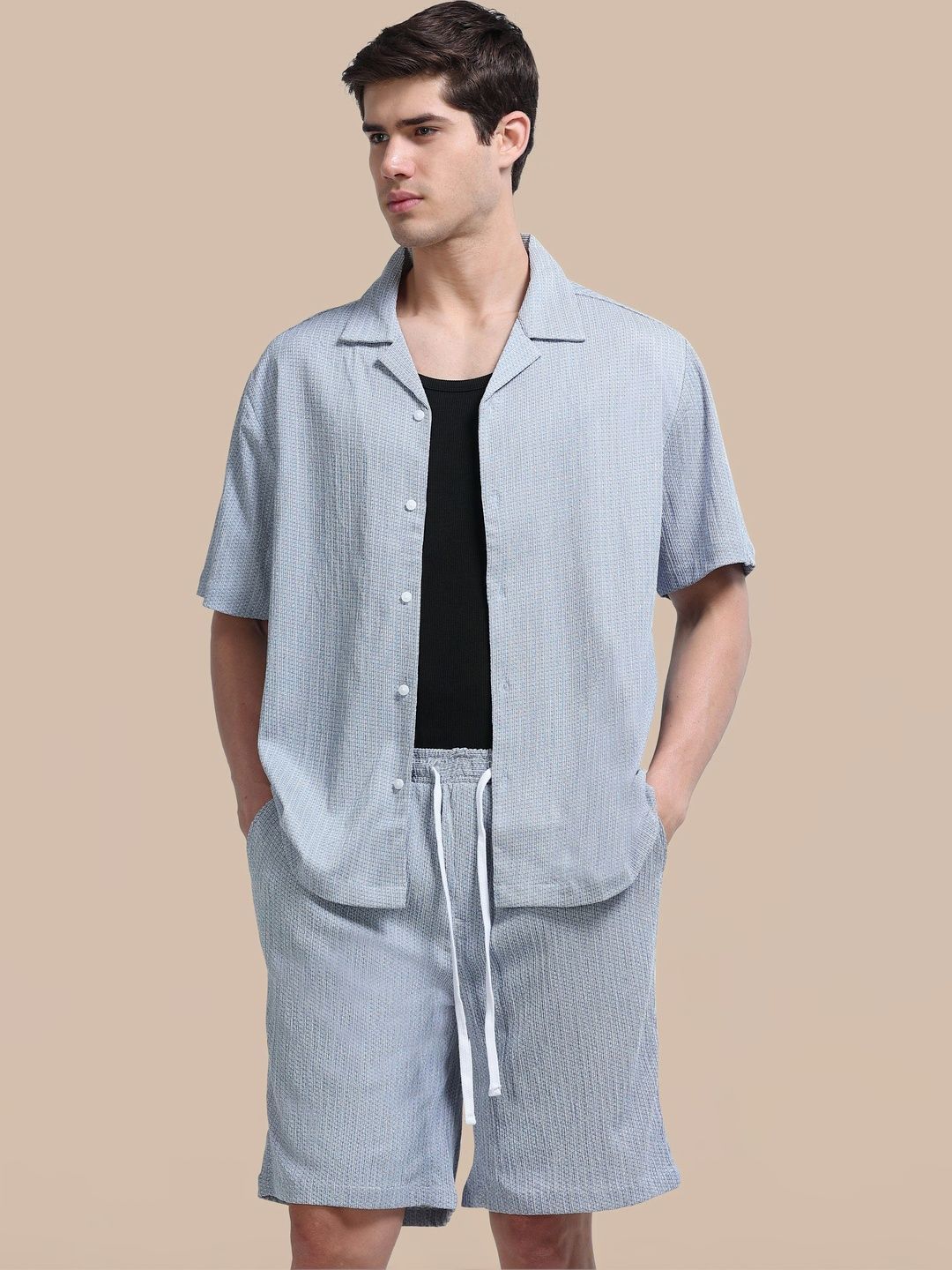 StitchX StitchX Men Crinkle Jacquard Textured Resort Shirt & Shorts Co-Ord Set