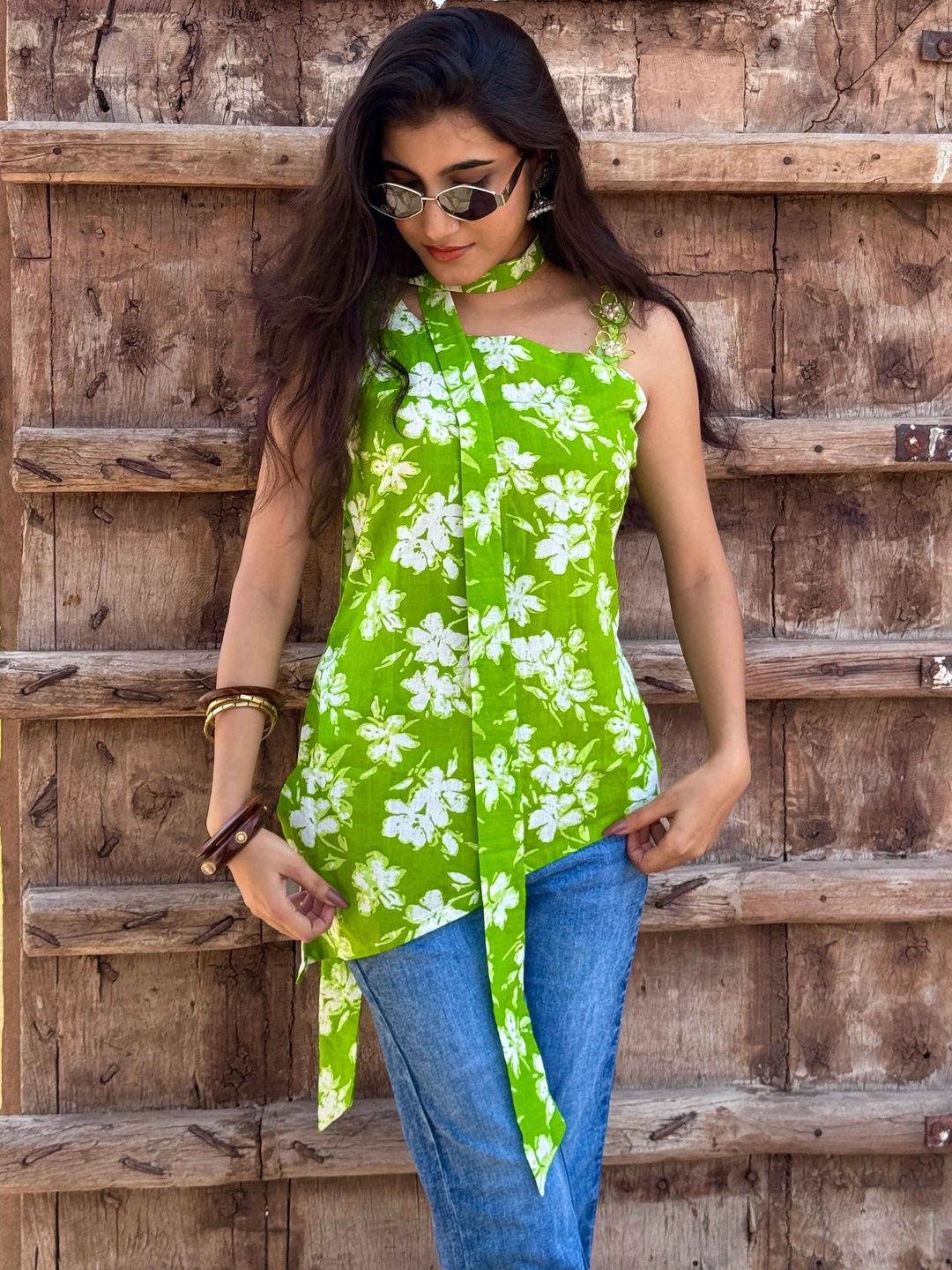 Rashijangidofficial Floral Printed Halter Neck Pure Cotton Kurti