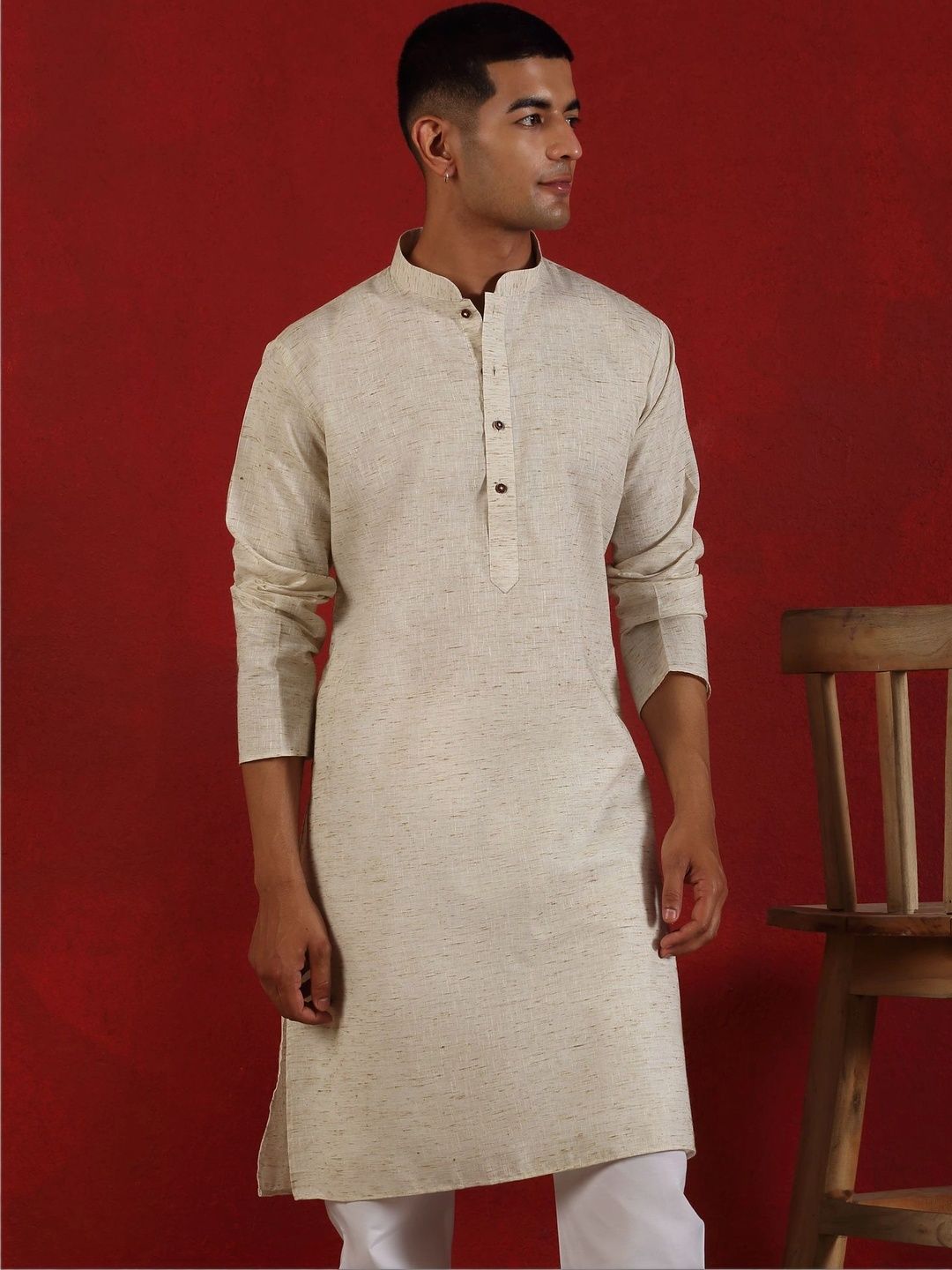 KRAFT INDIA Khadi Cotton Solid Knee Length Off White Kurta
