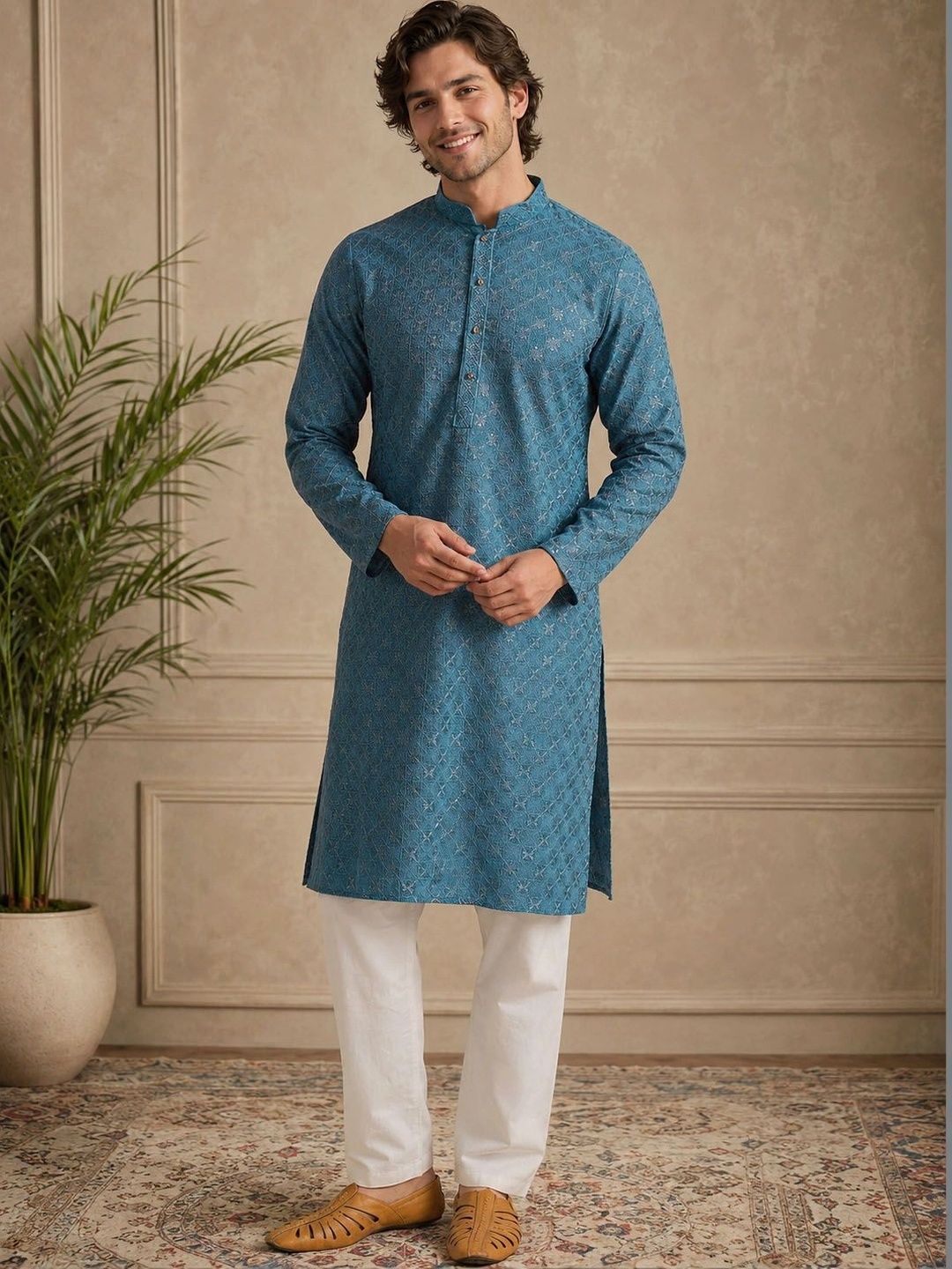 Anouk Teal Blue Self-Embroidered Viscose Kurta