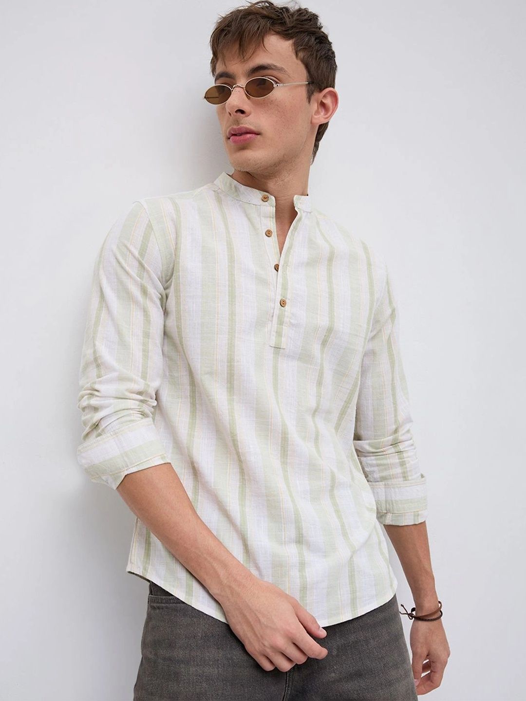 VASTRADO Greenline & White Vertical Stripe Kurta
