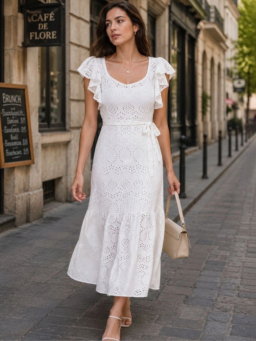 R.Code by The Roadster Life Co. Embroidered Flutter Sleeve Ruffled A-Line Midi Dress