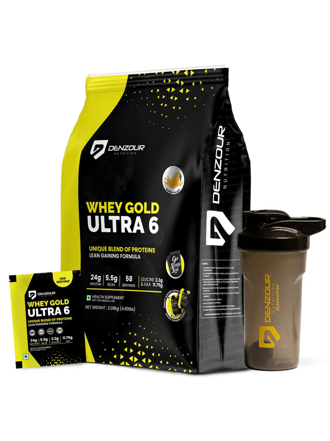 DENZOUR NUTRITION DENZOUR NUTRITION Whey Gold Ultra 6 Protein Sachets & Shaker - 2.08 Kg - Mango Blast