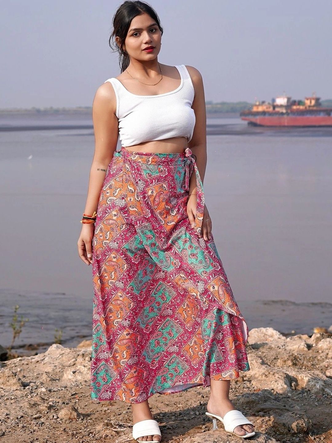 Moda Rapido Women Cotton Cambric Paisley Bohemian Front Slit Maxi Wrap Skirt