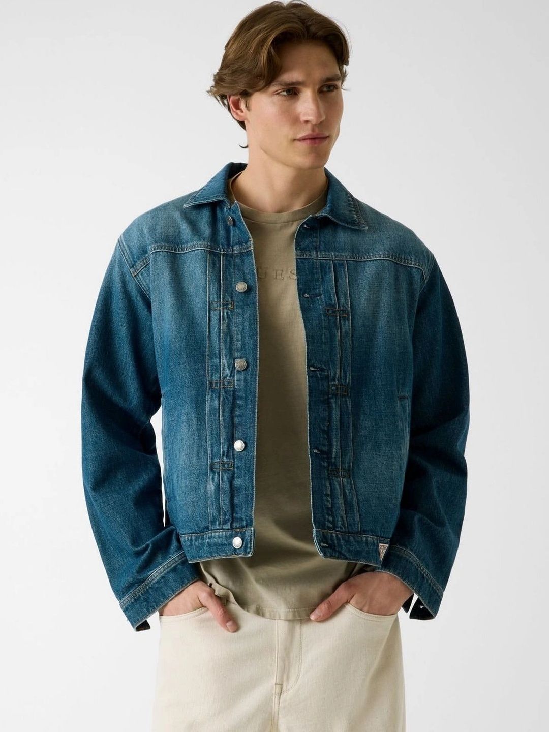 GUESS Men Cotton Solid Spread Collar Clint Sidney Denim Jacket