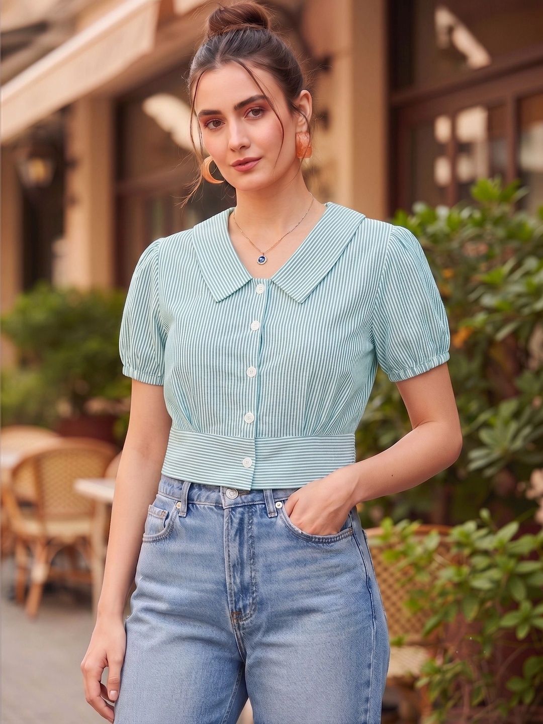 CLOMAX Striped Peter Pan Collar Puff Sleeve Cotton Blend Crop Top