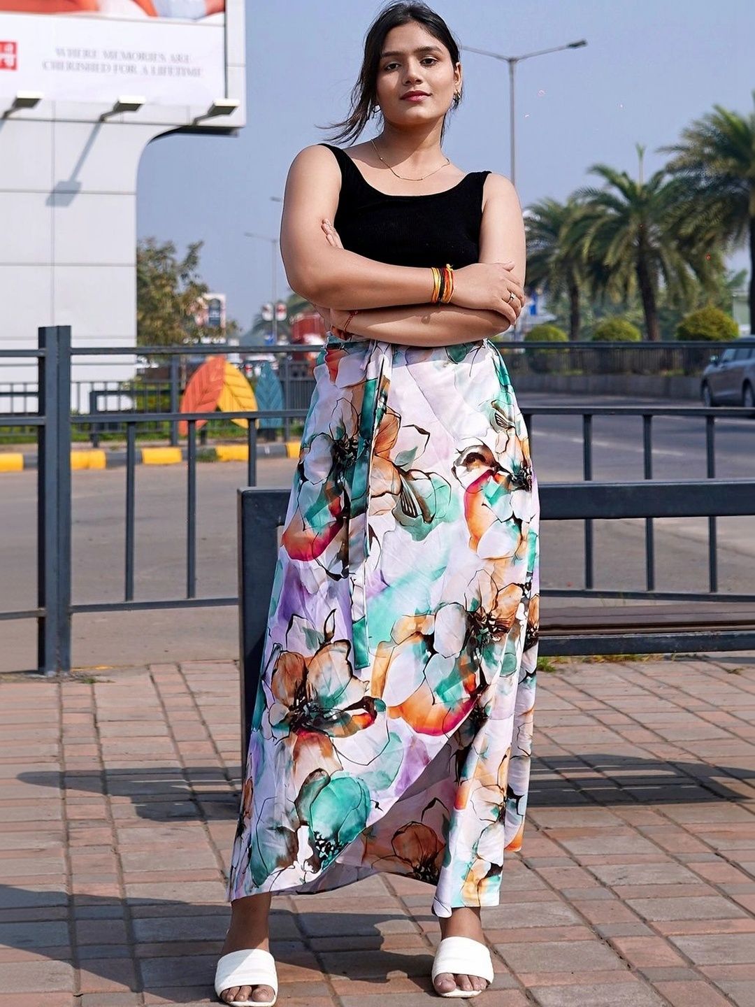Moda Rapido Women Cotton Cambric Floral Front Slit Maxi Wrap Skirt