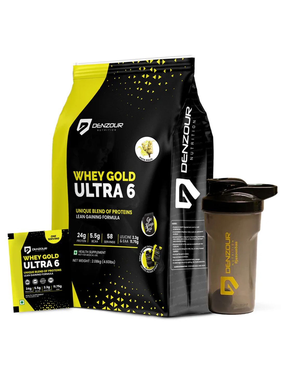 DENZOUR NUTRITION DENZOUR NUTRITION Whey Gold Ultra 6 Protein Sachets & Shaker - 2.08 Kg - Pista Kulfi