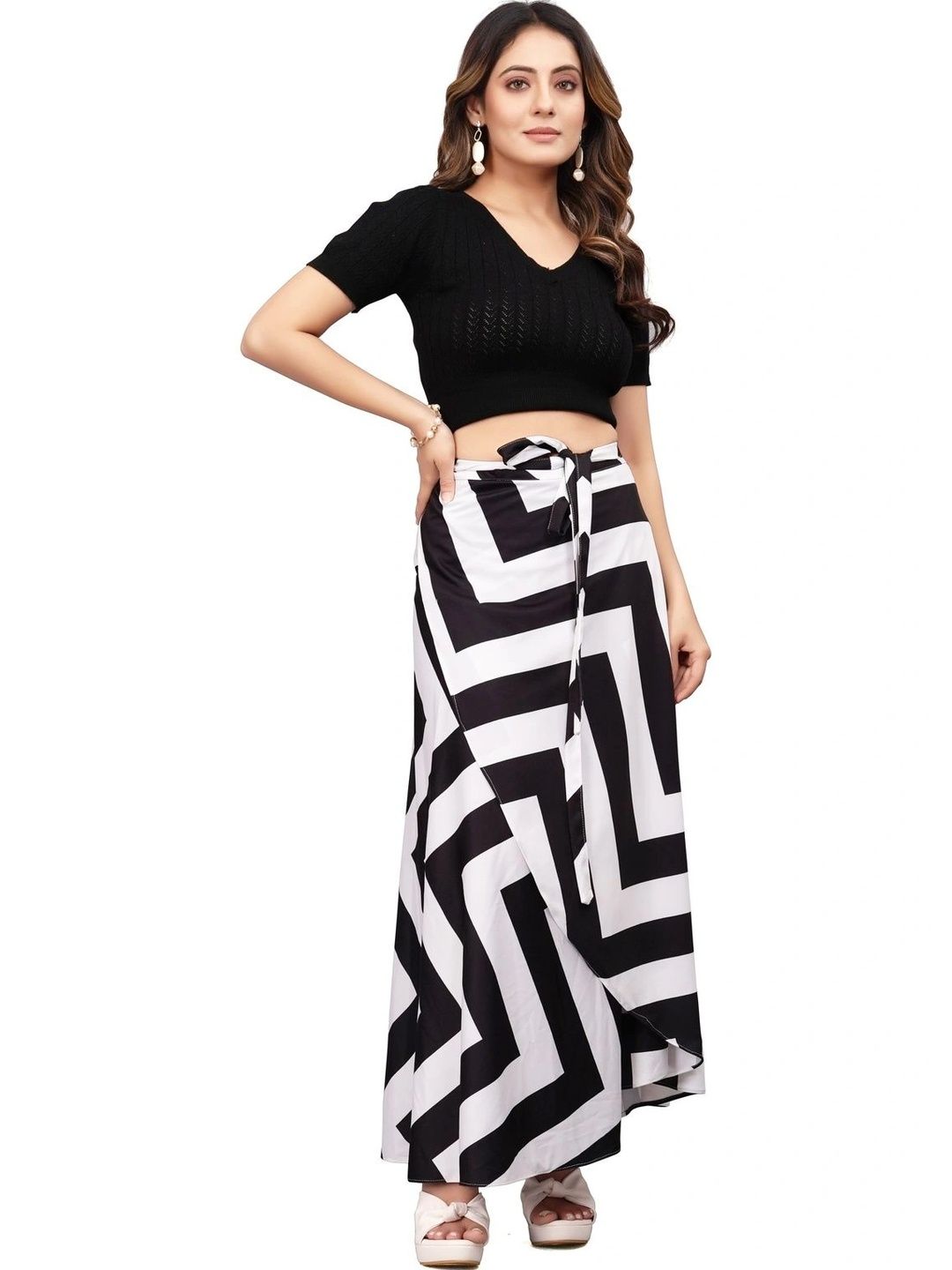 Moda Rapido Women Cotton Cambric Geometric Front Slit Maxi Wrap Skirt