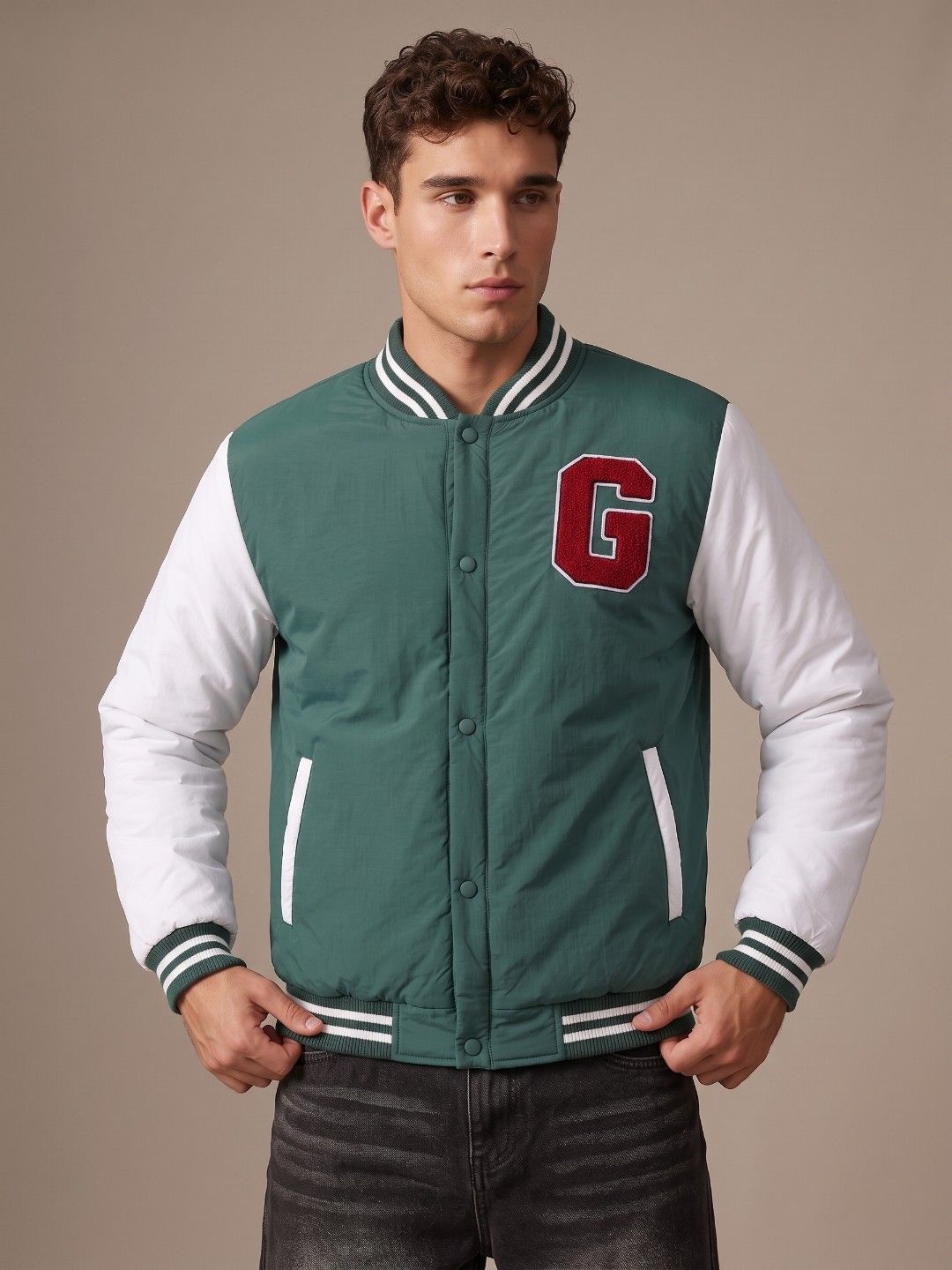 glitchez Typography Applique Stand Collar Relaxed Fit Bomber Jacket