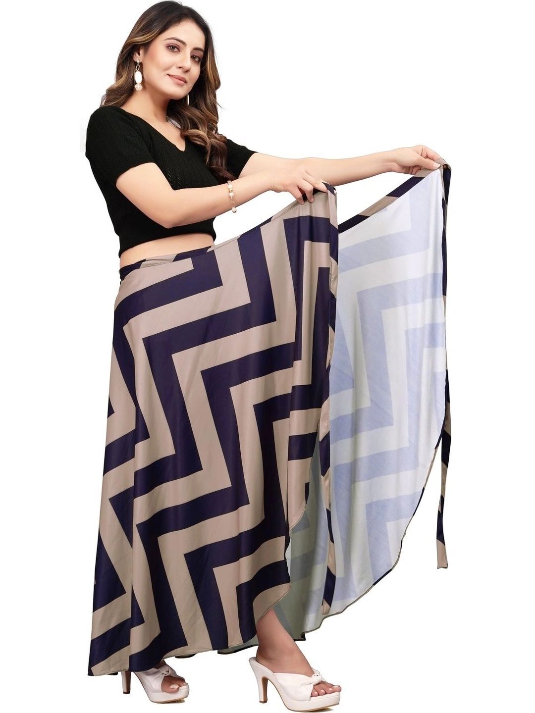 Moda Rapido Women Cotton Cambric Geometric Front Slit Maxi Wrap Skirt
