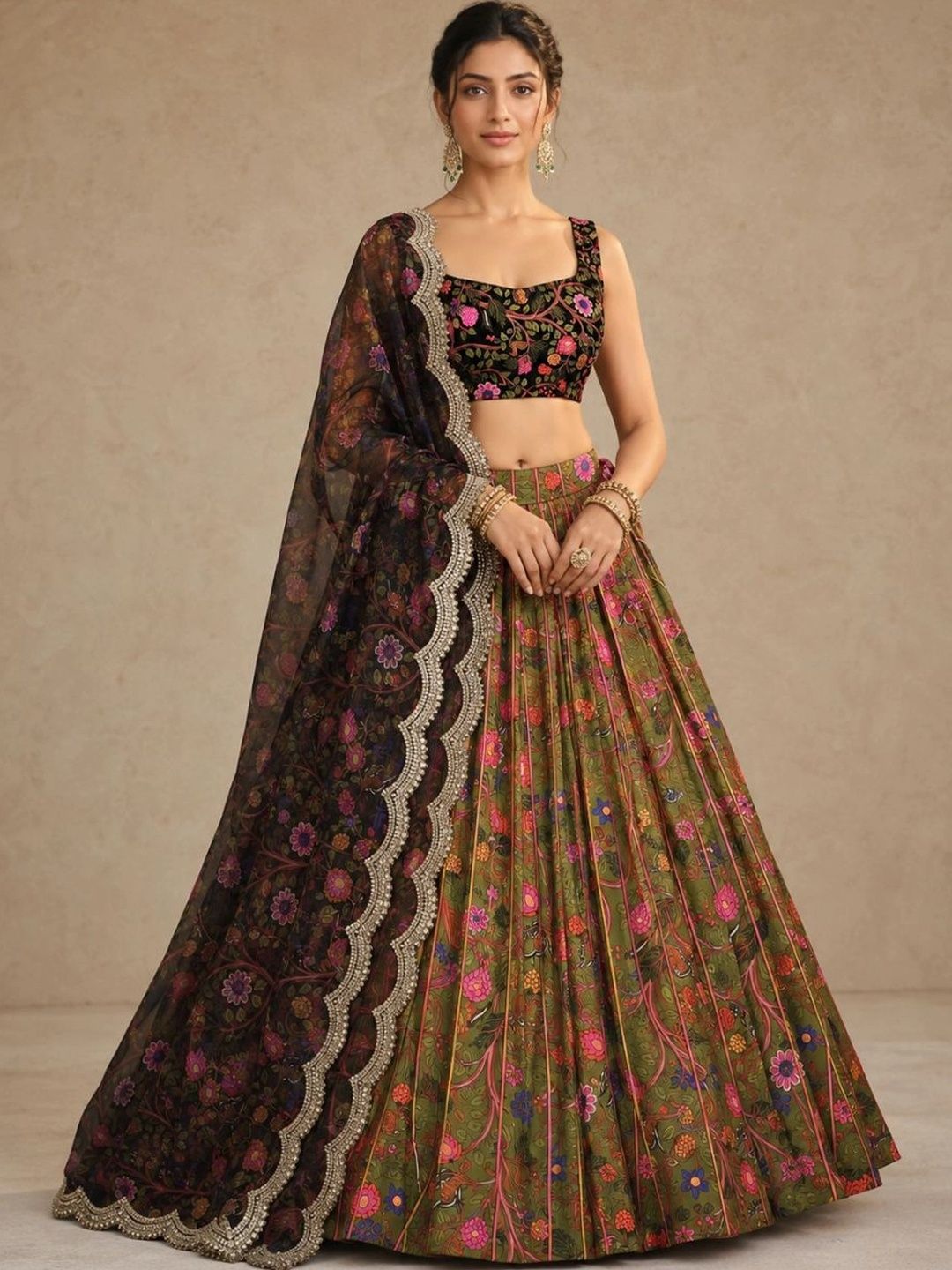 Kaizen TEXO FAB Embroidered Thread Work Semi-Stitched Lehenga & Unstitched Blouse With Dupatta